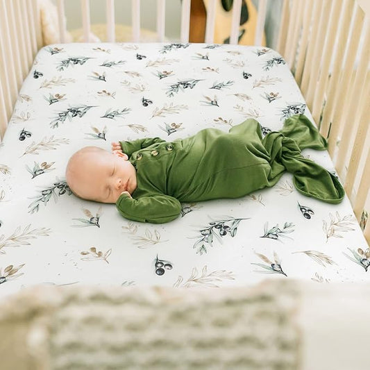GRSSDER Stretchy Ultra Soft Jersey Knit Fitted Crib Sheets Set 2 Pack, Fits All Standard Crib Mattress Pads Safe and Snug, Stylish Botanical Olive for Baby