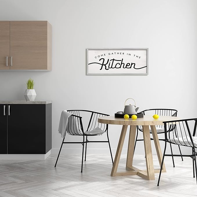 Stupell Industries Come Gather in The Kitchen Sign Family Charm, Designed by Daphne Polselli Gray Framed Wall Art, 13 x 30, Off-White