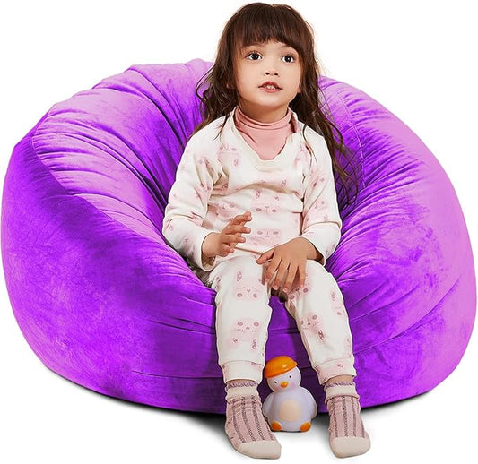 Bean Bag Chair Cover, Stuffed Animal Storage, Plush Toys Organizer Holder, Beanbag Chairs Cover for Kids Teans and Adults Super Soft and Comfortable Fabric X-Large with Handle and Zipper -Round Purple
