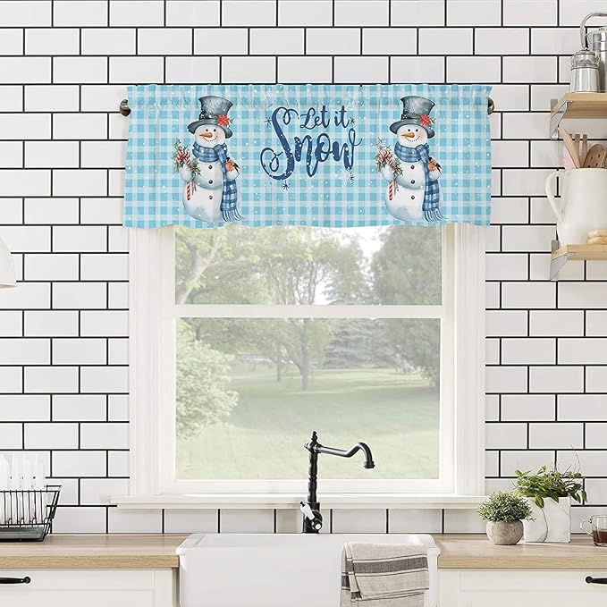 Snowman Christmas Valance Curtains for Kitchen Windows Let It Snow Winter Holiday Rod Pocket Window Treatment Toppers for Kitchen/Living Room/Bedroom/Bathroom, 42" X 18", Blue White Buffalo Plaid