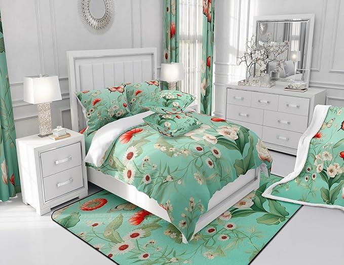 Feelyou Floral Flower Fabric Shower Curtain Red Butterfly Shower Curtain for Teens Green Bathroom Waterproof Accessories with 12 Hooks Flower Botanical Curtains,72x78 Inches