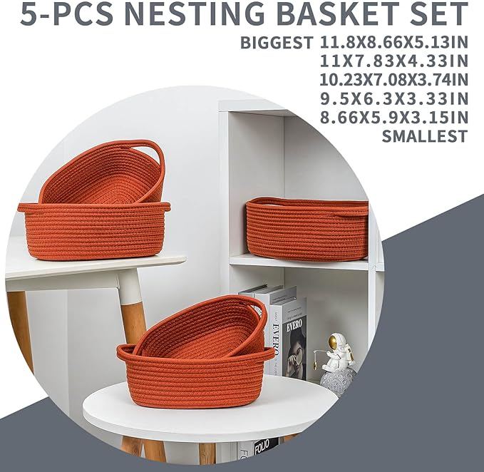 CubesLand Small Shelf Shelves Closet Basket,Woven Toy Basket Bin for Organizing,Storage Cube Organizer Basket Bin,Cute Rope Gifts Basket,Dog Cat Toy Basket Box,Over Toilet Storage Basket,Rust 5-Piece
