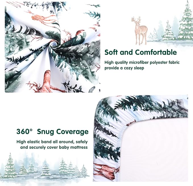JISEN Fitted Crib Sheets 1 Piece Soft Breathable Baby Crib Sheets for Standard Crib and Toddler Mattress Baby Bed Sheets for Crib for Baby Boys Girls Neutral 28x52 Inch Woodland Animals