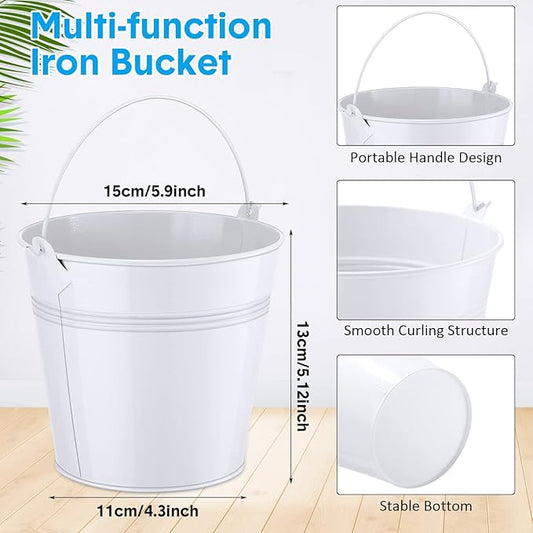Rtteri 24 Pcs Metal Bucket, Small Metal Bucket, Party Favor Buckets with Handle, 6 x 5 Inch Ice Bucket for Kids, Flower Pot Plant Basket, Mini Toy Containers for Crafts Candy (White)