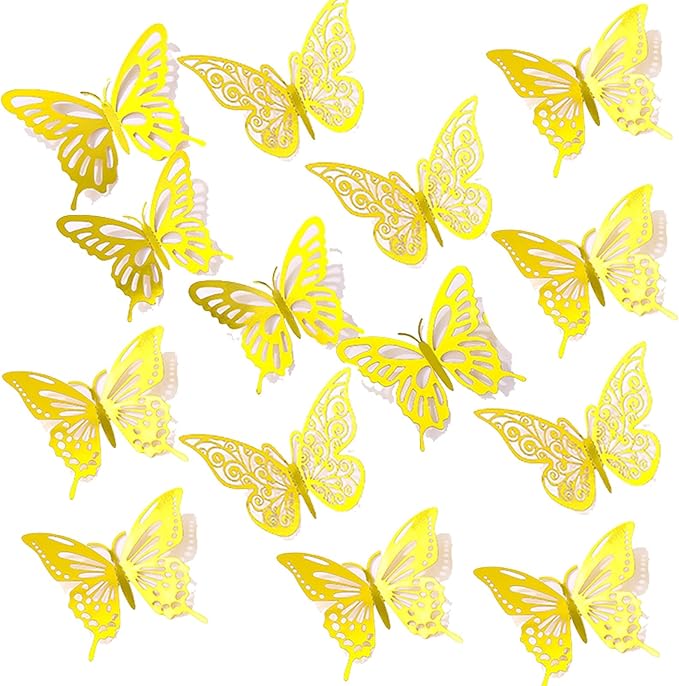 72Pcs 3D Butterfly Wall Decor 3 Sizes 3 Styles, Butterfly Decorations Party Birthday Cake Decoration, Removable Butterfly Wall Stickers for Kids Nursery Wedding Bedroom Room Decor(Gold)