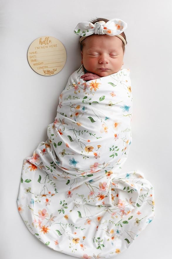Baby Receiving Blanket Swaddle Blanket Infant Wrap with Matching Headband Beanie and Name Card (Green Leaf Flower)