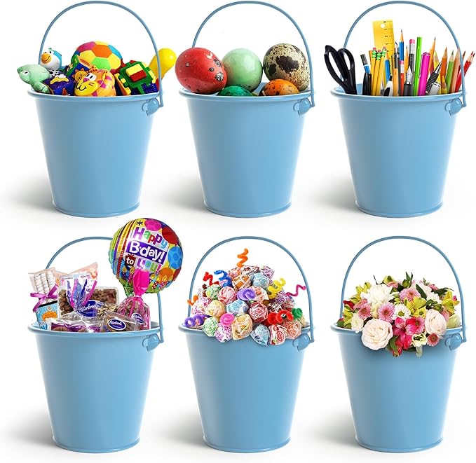 Small Metal Buckets with Handle 6 Pcs – Galvanized Bucket Leak Proof & Rust Resistant 20 fl oz Capacity - Best for Party Décor, Organizing & Decorating Classrooms (Blue, Small 4.3" Top)