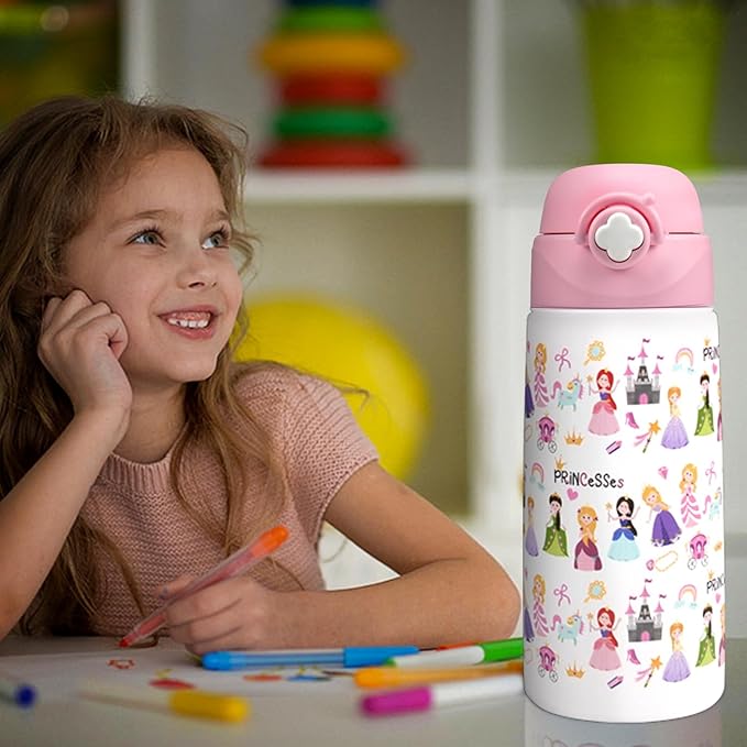 Kids Insulated Water Bottle with Covered Pop-Up Straw,16oz Kids Cups with Stainless Steel Leak Proof for School Boys Girls(4-Princess)