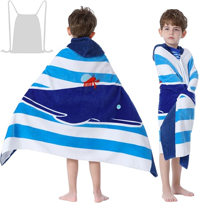 Kids Bath/Beach Towel Oversized 30" x 50" for 3 to 12 Years Boys Girls Swim Pool Cover-ups Super Soft and Absorbent Premium Cotton, Narwhal with Drawstring Bag