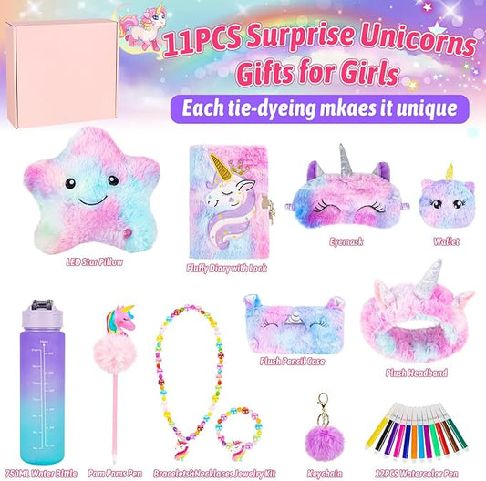 Unicorns Gifts for Girls 5 6 7 8 9 10+,Kids Unicorn Toys Set with Light Up Star Pillow/Headband/Eye Mask/Water Bottle/Pencil Case/Diary Birthday Gifts