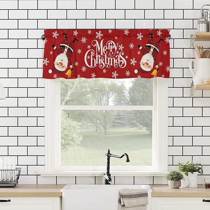 Red Merry Christmas Valance Curtains for Kitchen Windows Funny Hanging Santa Rod Pocket Window Treatment Toppers for Kitchen/Living Room/Bedroom/Bathroom, 42" X 18", Snow Winter Holiday