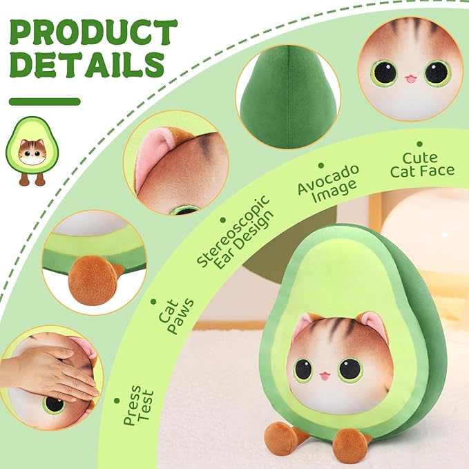 Stuffed Animal Plushie Toy, Cute Cat Plush Stuffed Pillow, Avocado Stuffy Toy Plush Pillow Birthday Toy for Kids & Adults