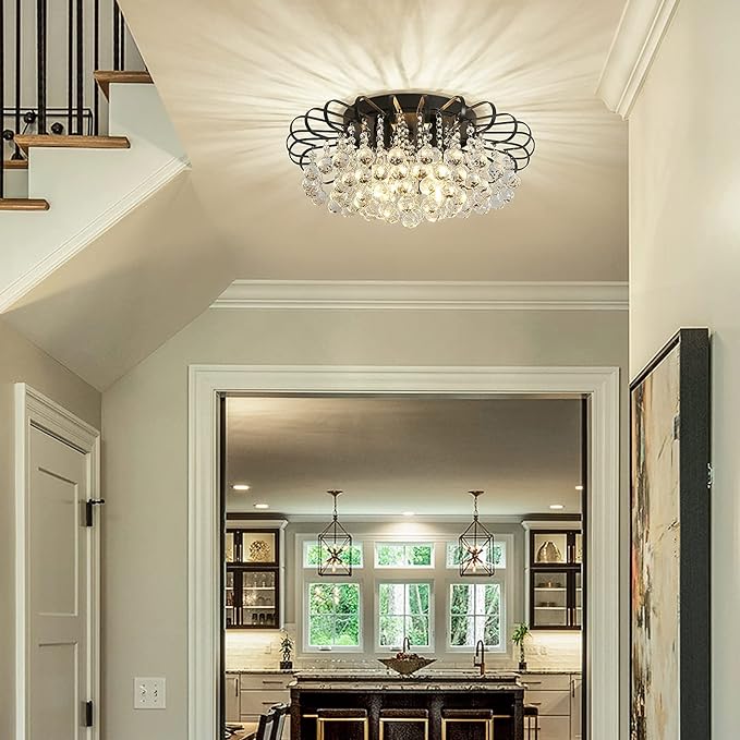 CVKASH Crystal Floral Chandelier 4-Light Antique Modern Black Flush Mount Raindrop Crystal Ceiling Lighting Fixture Chandelier for Living Room Bedroom Dining Room Entryway D17.71 H8.26