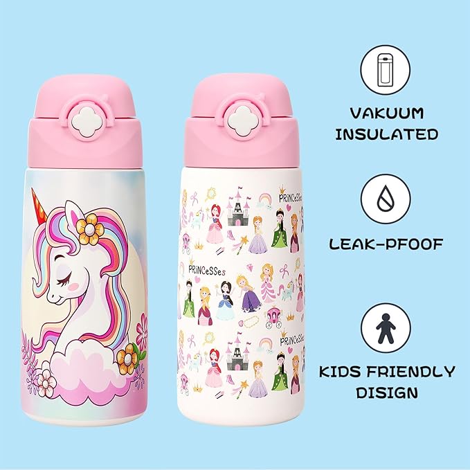 Kids Insulated Water Bottle with Covered Pop-Up Straw,16oz Kids Cups with Stainless Steel Leak Proof for School Boys Girls(2PCS,UNICORN+RAINBOW)
