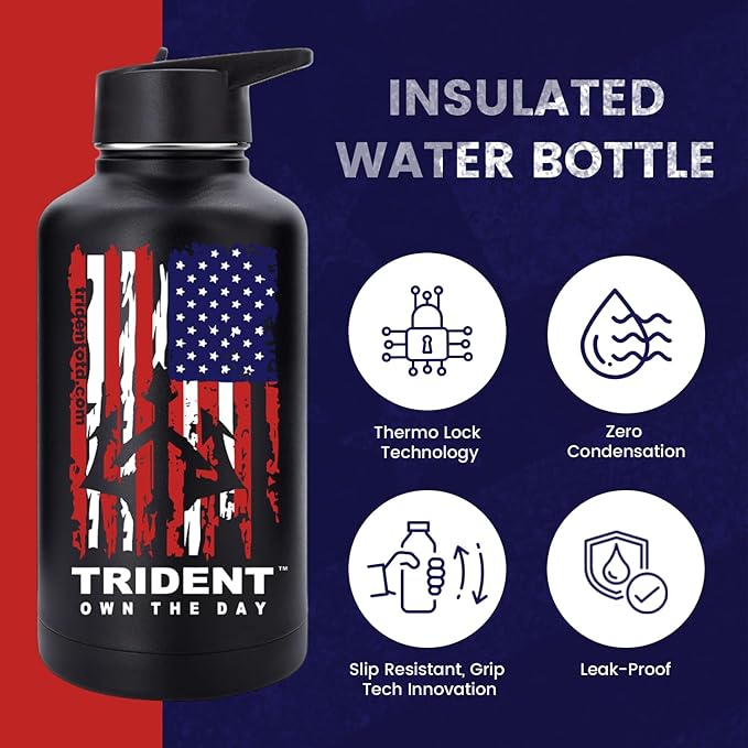 American Flag 64 oz Water Bottle, Reusable Water Bottle with Straw, Leak Proof Water Bottles, 64oz Insulated Water Bottle, Thermos Water Bottle - Retired Navy Combat Vet Small Business (Black, 64 Oz)