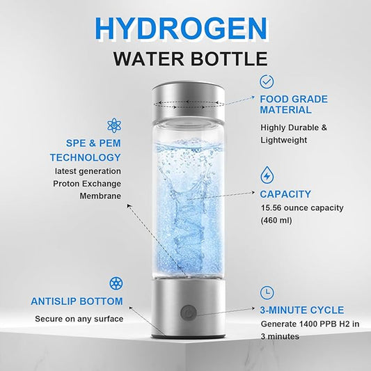 feifuns Hydrogen Water Bottle Generator, 2-in-1 Rechargeable Portable Glass Hydrogen Water for Health, 3 Mins & 3 Steps, 4th Generation SPE & PEM Technology, Matching Your Lifestyle (Black)