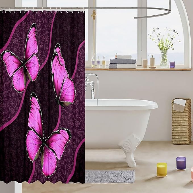 Feelyou Butterfly Shower Curtain 72"x84" Kids Butterflies Botanical Floral Print Bathroom Shower Curtain Set for Boys Girls Teens Geometric Stripes Bath Curtain Pink Bathroom Accessories