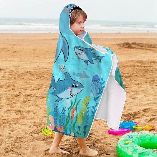Shark Hooded Beach Towel for Kids, Cool Ocean Fishes Bath Towel with Hood for Boys, Funny Sea Animals Microfiber Super Absorbent Soft Poncho Bathrobe for Swin Pool 30”x50”