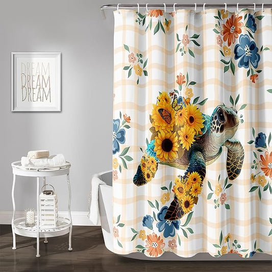 AILONEN Sea Turtle Shower Curtain for Bathroom, Sunflower Turtle Bathroom Curtain,Ocean Turtle Floral Grid Bath Curtain 72" W*72" H Polyester Waterproof Bathroom Curtain with 12 Hooks