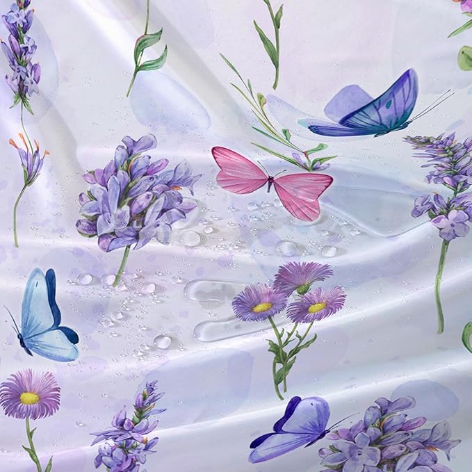 AILONEN Purple Flower Butterfly Shower Curtain 72" W*84" H,Spring Floral Girls Bathroom Decor,Modern Tie Dye Watercolor Butterfly Bath Curtain Polyester Waterproof Bathroom Curtain with Hooks