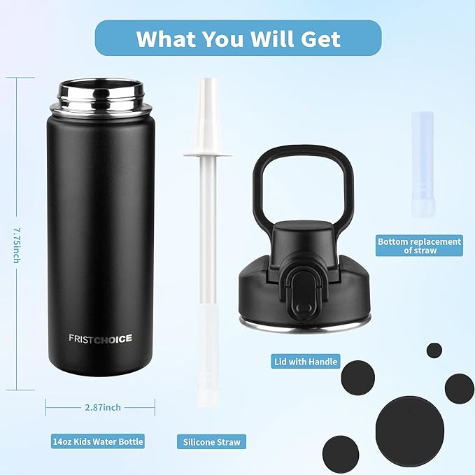 Insulated water bottle with Straw,18oz Stainless Steel Water Bottle for Adult Kids,Double Wall Vacuum Wide Mouth Insulated Water Bottle for School,BPA-free and Leak-proofοΌ18oz,BlackοΌ