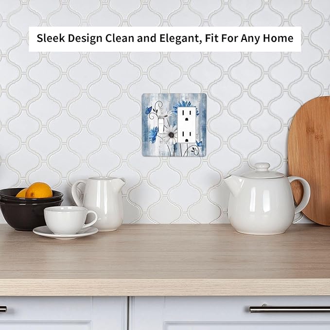 Rustic Teal Blue Daisy Floral 2 Gang Single Toggle Rocker Combination Light Switch Covers Wall Plate Cover Electrical Faceplate Decorative Switchplate for Country Bathroom Bedroom Kitchen Decor