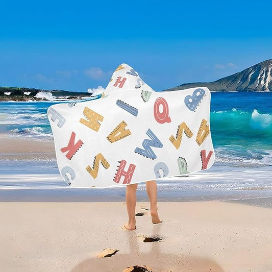 Kids Hooded Beach Towel, Cute Dinosaur Alphabet Print Beach Bath Towel with Hood for Boys Girls 50"x23.5", Soft Absorbent Quick Dry Beach Swim Pool Towel for Toddler