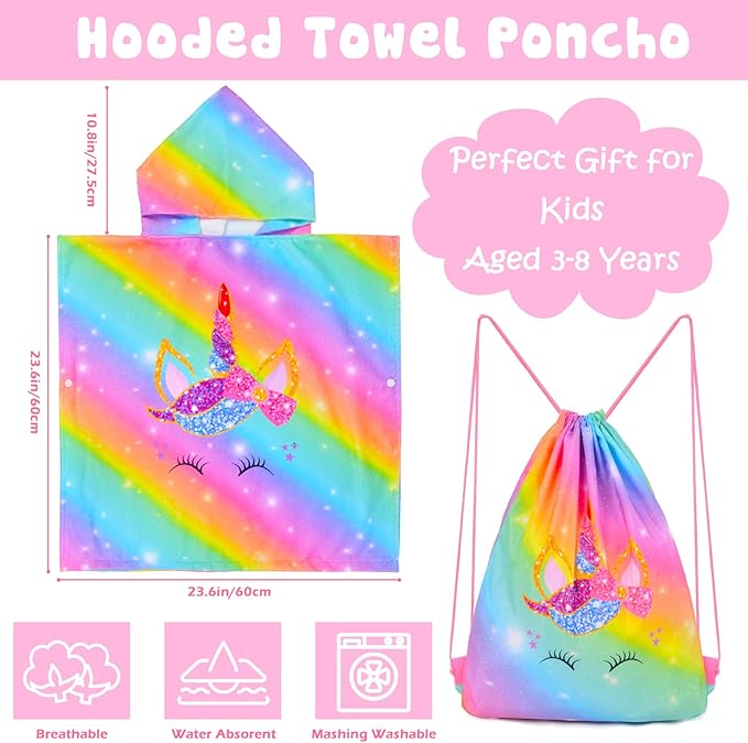 Kids Hooded Towels for Girls, Unicorn Hooded Beach Towel for Kids, Soft & Absorbent Cotton Kids Poncho Towels for 3-8 Years, 24"x24"(Rainbow Unicorn)