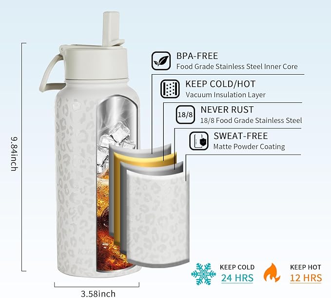 32oz Insulated Water Bottle with Paracord Handles & Strap, 2 Lids(Straw Lid&Spout Lid), Stainless Steel Reusable Wide Mouth Metal Water Bottle With Straw, Double Walled, Thermo Mug,(White Leoqard)