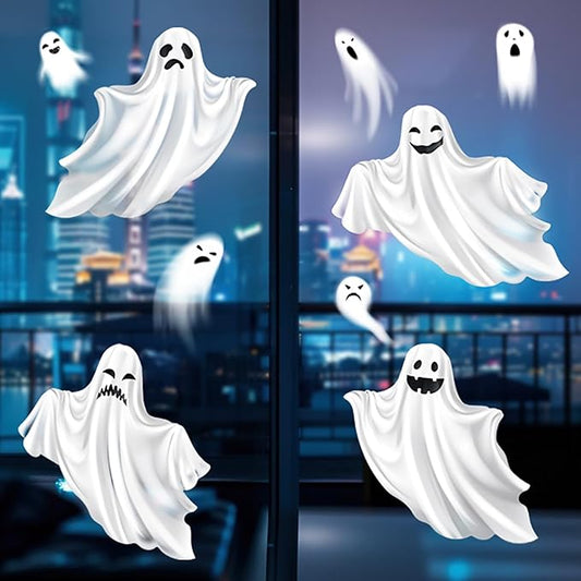 Halloween White Ghost Window Clings Stickers Decoration Horror Ghost Design Halloween Window Cling Decal Double Sided Static Halloween Window Stickers for Halloween Party Supplies Glass Decor