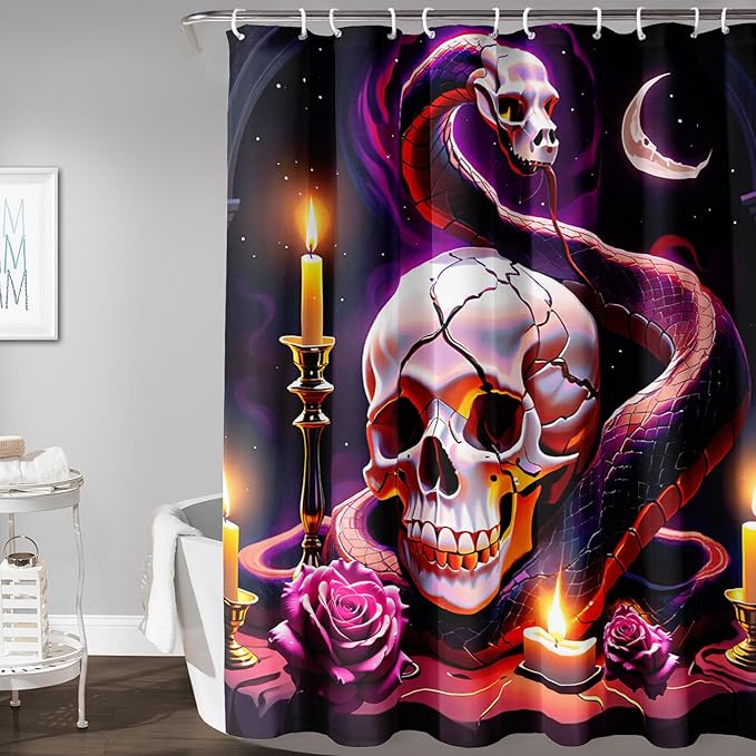AILONEN Gothic Skull Shower Curtain for Bathroom,Terror Snake Skull Bath Curtain Decoration,Starry Skull Skeleton Print Waterproof Purple Curtain with 12 Plastic Hooks, 72" W*72" H