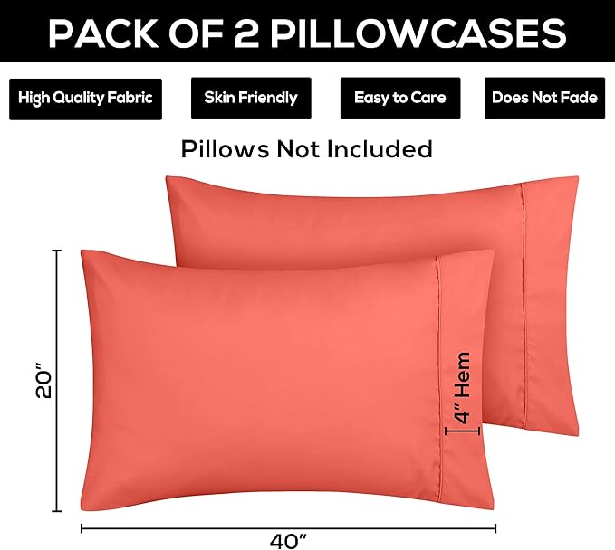 Utopia Bedding King Pillow Cases - 2 Pack - Envelope Closure - Soft Brushed Microfiber Fabric - Shrinkage and Fade Resistant Pillow Covers 20 X 40 Inches (King, Coral)