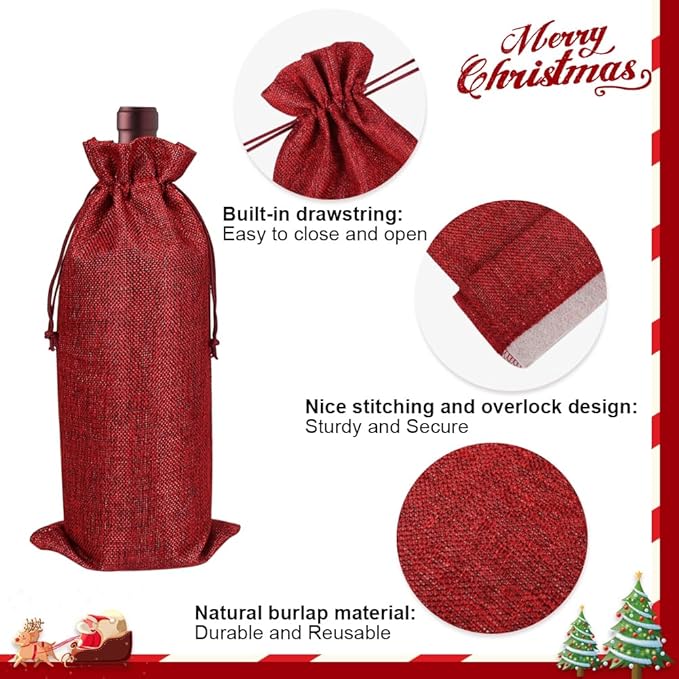 Shintop 10pcs Jute Wine Bags, 14.4 x 5.6 inches Hessian Wine Bottle Gift Bags with Drawstring (5 colors)