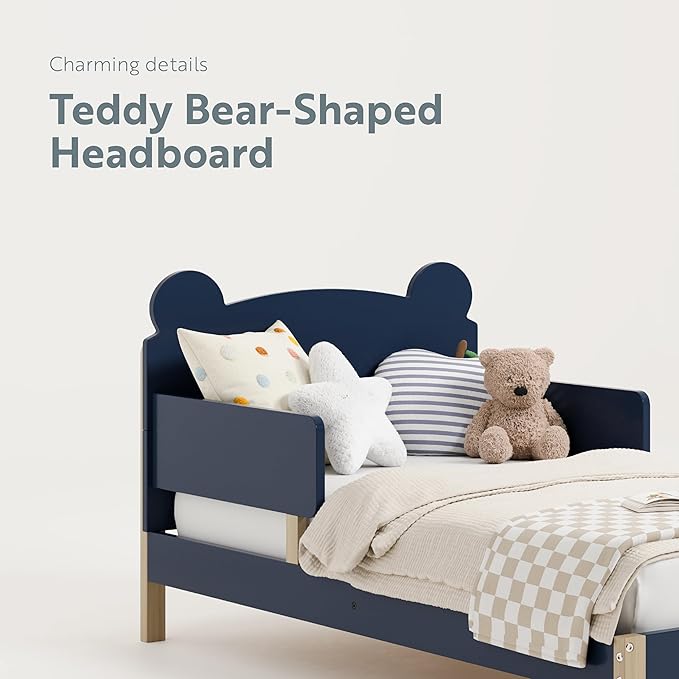 Storkcraft Teddy Bear Toddler Bed (Midnight Blue with Driftwood) - GREENGUARD Gold Certified, includes Toddler Safety Guardrails, Fits Standard Crib & Toddler Mattress, Stylish 2-Tone Design