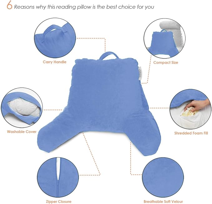 Nestl Reading Pillow for Kids, Small Bed Pillow, Back Pillow for Sitting in Bed, Memory Foam Chair Pillow, Reading & Bed Rest Pillows, Calm Blue Back Pillow for Bed, Arm Pillow with Pockets