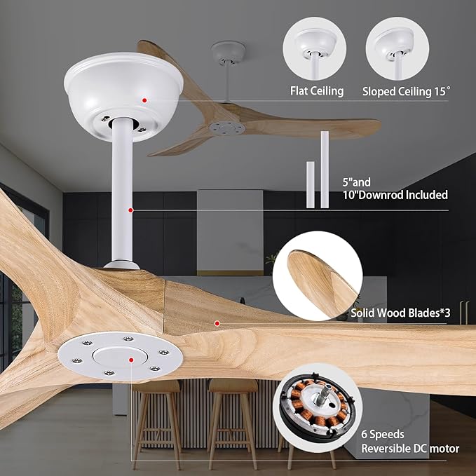Bigzone 52" Modern Ceiling Fan No Light, DC Motor Energy Saving, 3 Solid Wood Blades, Outdoor Ceiling Fan With Remote Control,Reversible Blades