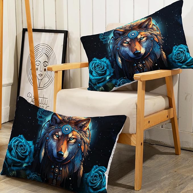 AILONEN Wolf Fitted Sheet Set Queen Size Dream Catcher Bed Sheet Set, Blue Rose Smoke Wolf Sheet Set for Boys Girls,Animal Wolf Fitted Sheet with 2 Pillowcases,3 Pieces