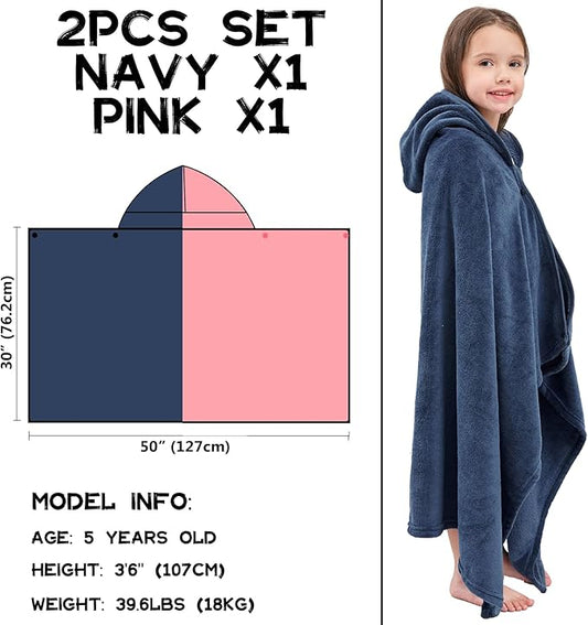 Hiturbo 2Pcs Kids Fleece Hooded Towel: Soft Plush Warm Blanket - 50"x30" Pool Beach Bath Swim Towel Wrap for 3-12 Yrs (Navy+Pink)