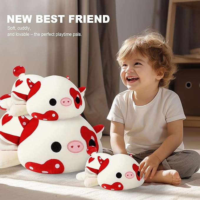 Onsoyours Cute Cow Plushie, Soft Stuffed Mushroom Cow Squishy Plush Animal Toy Pillow for Kids (Red Mushroom Cow, 9")