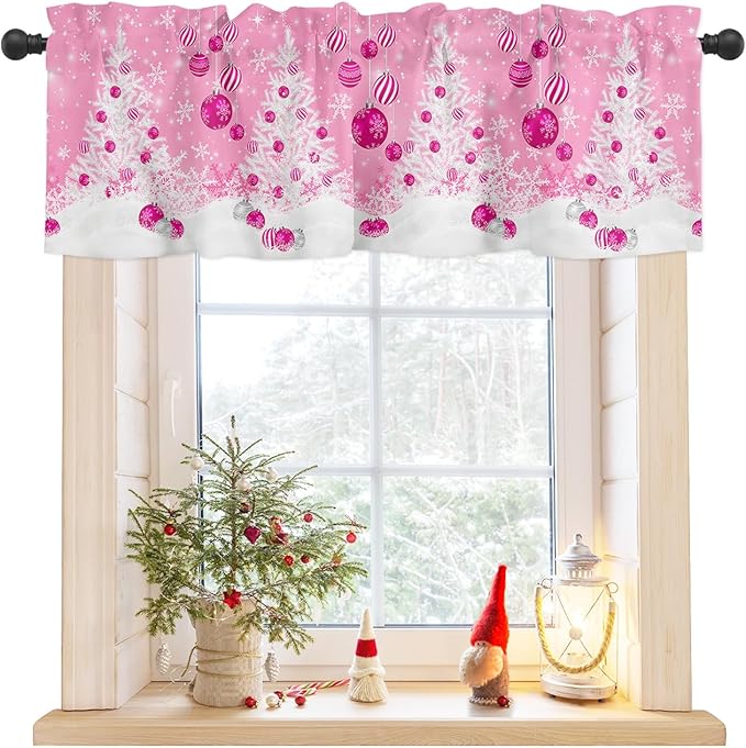 Pink Christmas Valance Curtains for Kitchen Windows White Xmas Tree Snowflakes Pink Balls Rod Pocket Window Treatment Toppers for Kitchen/Living Room/Bedroom/Bathroom, 42" X 12", Winter