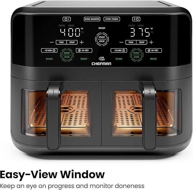 CHEFMAN 6 Quart Dual Basket Air Fryer Oven with Easy View Windows, Sync Finish, Hi-Fry, Auto Shutoff, 2 Independent 3Qt Nonstick Dishwasher Safe Frying Baskets, Digital Double Air Fryer - Black