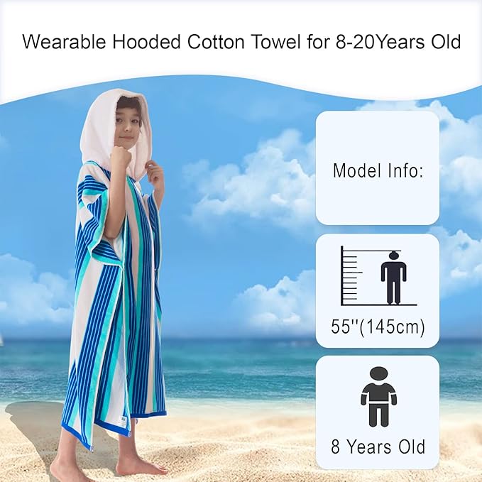 VOOVA & MOVAS Poncho Towels with Hood - Teens Hooded Pool Towel Robe (8-16Years), Large and Absorbent Cotton - Versatile for Beach, Pool, Swim, and Bath, Blue&White Stripe