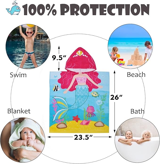 Tirrinia Mermaid Kids Poncho Towel, Surf Beach Bath Swim Hooded Towels for 2-7 Years Girls Toddler Gift, 24 by 52-inch, 100% Cotton
