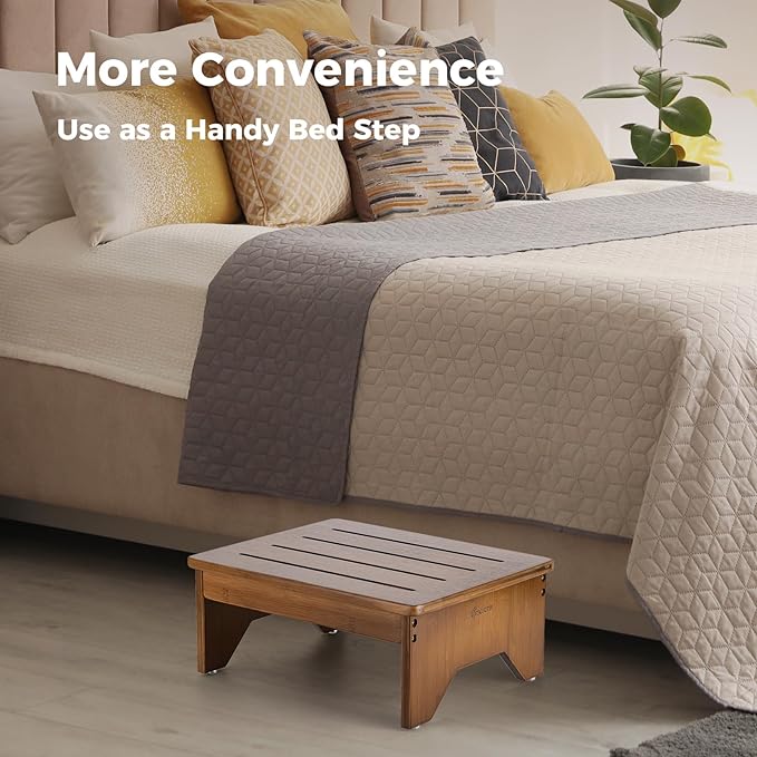 StrongTek Bamboo Step Stool for Adults, Bedside Step for High Beds, 300 Lbs Capacity, Non-Slip Bed Foot Stool with Rounded Edges, Small One Step Stool for Bathroom, Bedroom, Garden, Kitchen (Walnut)