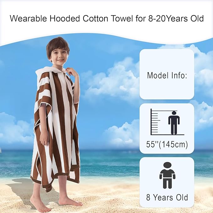 VOOVA & MOVAS Big Kids Poncho Towel with Hood - Teens Hooded Pool Towel Robe (8-16Years), Large and Absorbent Cotton - Versatile for Beach, Pool, Swim, and Bath, Brown Cabana Stripe