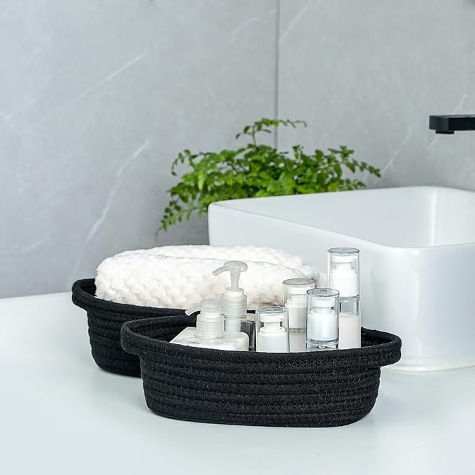CubesLand Small Shelf Shelves Closet Basket,Woven Toy Basket Bin for Organizing,Storage Cube Organizer Basket Bin,Cute Rope Gifts Basket,Dog Cat Toy Basket Box,Over Toilet Storage Basket,Black 5-Piece