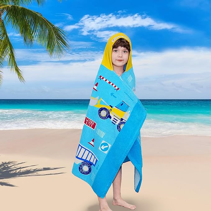 VOOVA & MOVAS Kids Towels Age 3-10, Soft | Thick | 100% Cotton, Large Absorbent Beach, Bath, Pool, Swim Towels | Cover up for Boys | Excavator Vehicle