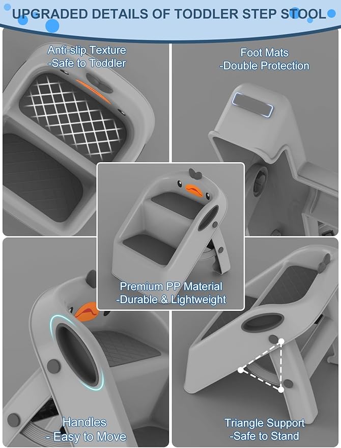 Toddler Kids Step Stool for Bathroom Sink Dark Grey | Foldable 2 Step Stool for Kids 1-4 Years Old | Dual Height 15.5" Child Kitchen Helper with Handles - Easy to Move, Slip-Resistant