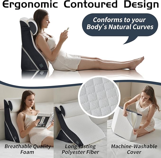 3PCS Qirroboni Orthopedic Bed Wedge Pillow Set, Adjustable Pillows for Neck, Back and Leg Pain Relief Comfortable & Post Surgery Foam - Heartburn, Anti Snoring, Acid Reflux GERD Sleeping Charcoal Grey