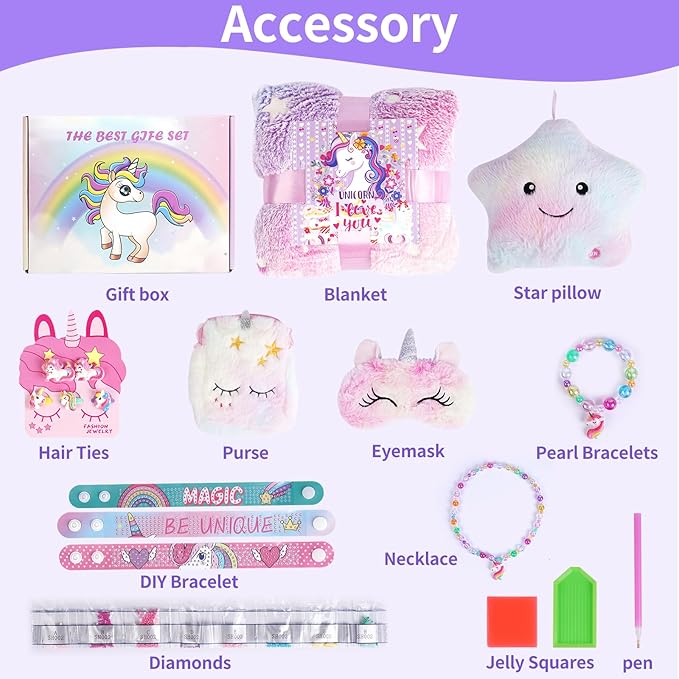 Unicorn Gifts for Girls 3 4 5 6 7 8 Years Old, Unicorn Toys with Plush Light Up Star Pillow Blanket Diamond Art Bracelet Graduation Birthday Gifts for Girls